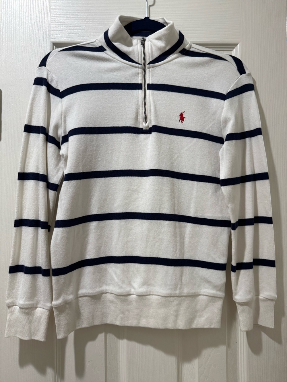 Boys Polo Ralph Lauren White Navy Striped Interlock Quarter Zip Pullover - (M)